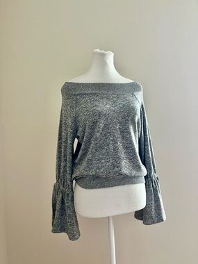 Express Off-the-Shoulder Gray Bell-Sleeve Sweater
